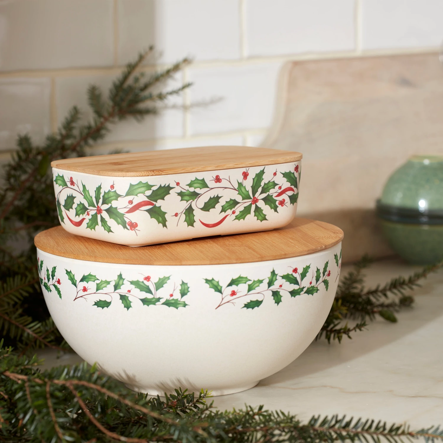 Lenox Holiday Bamboo Serving Bowl With Lid - Elegant Kitchen Servingware 4 Lenox Holiday Bamboo Serving Bowl With Lid - Elegant Kitchen Servingware - Image 2